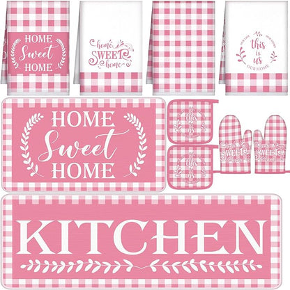 Fourluoo 10 Pcs Kitchen Set Kitchen Towels and Rugs Oven Mitts and Pot Holders Farmhouse Decor for Women Mom Gift Cooking Baking Grilling(Pink White)