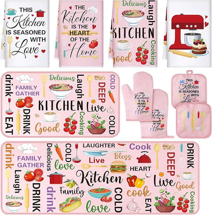 Fourluoo 10 Pcs Cuisine Pink Kitchen Decor and Accessories Set Pink Kitchen Towels Rugs Pot Holders Oven Mitts for Chef Cooking Baking Mom Housewarming Gifts