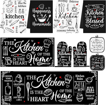 Black and White Kitchen Decor Set 10 Piece - Chalkboard Art Baking Theme Kitchen Rugs, Oven Mitts, Pot Holders and Towels - Modern Farmhouse Kitchen Rules Accessories
