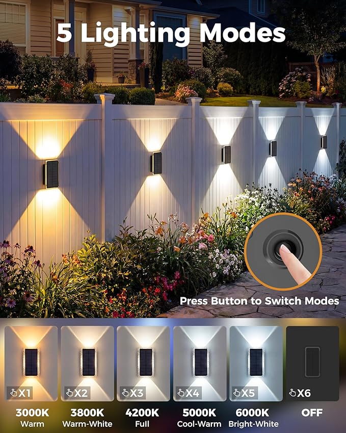 vighep Solar Fence Lights Outdoor 2 Pack, 5CCT(3000K-6000K) Up and Down Solar Wall Lights, IP65 Waterproof Dusk to Dawn Fence Lights Solar Powered for Patio, Porch, Backyard, Garage, Wall Decor