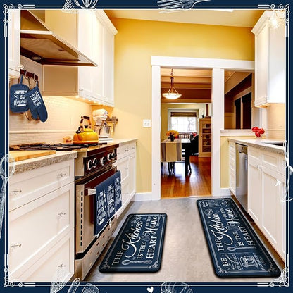 Fourluoo 10 Pcs Farmhouse Kitchen Decor and Accessories Set 4 Kitchen Towels 2 Pot Holders 2 Oven Mitts 2 Rugs for Cooking Baking Mom Housewarming Gifts(Dark Blue,Classic Style)