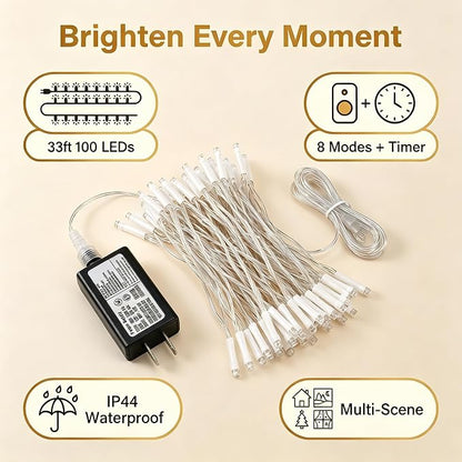 White Christmas Lights - 100 LED 33ft String Lights for Bedroom Indoor, 8 Modes Fairy Twinkle Lights Plug in, Waterproof Outdoor Hanging Lights for Room, Xmas Tree, Garden & Party Decor