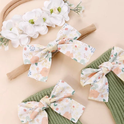 cherrboll Baby Girl Headbands and Socks Set, 3Pcs Soft Floral Hairbands Hair Bows Knit Socks for Newborn Infants Toddlers Photography Props Gifts