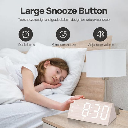 Digital Alarm Clock, with Wooden Electronic LED Time Display, 3 Alarm Settings, Humidity & Temperature Detect, Wood Made Electric Clocks for Bedroom, Bedside, Desk (White-Big Bold)