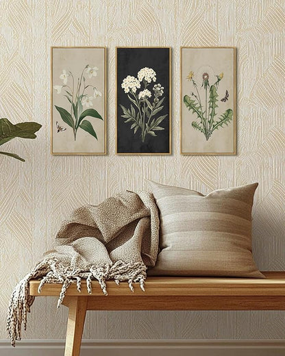 KUVIOKE Vintage Botanical Wall Decor Wild Flowers Artwork Framed Wall Art Ready to Hang Hallway Home Office 8x16in3pcs Natural Framed