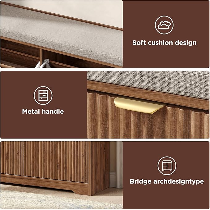 Maupvit Fluted Shoe Bench with 2 Flip-Drawers, 39.4" Narrow Entryway Bench with Shoe Storage and Seat Cushion, Adjustable Shelf, Walnut Hidden Shoe Rack Bench for Front Door Entrance, Hallway