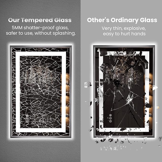 Amorho 28"X36" LED Bathroom Mirror, Brushed Nickel Framed Mirror with Front Light and Backlit, Stepless Dimmable, Anti-Fog, Shatter-Proof, Memory, 3 Colors