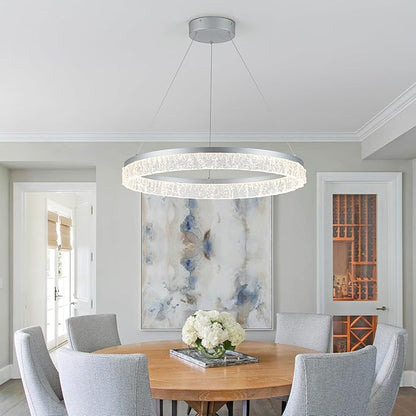 MADEM Modern Silver Led Pendant Light,36W Dimmable LED Chandelier Lighting Fixture, 1 Ring Circular Hanging Led Pendant Lighting for Living Room Dining Room Kitchen Island Foyer Office