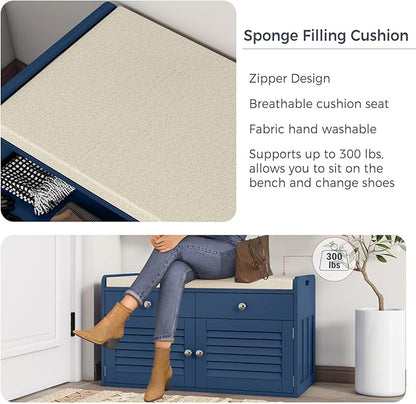 Shoe Storage Bench with Cushion, Shoe Bench, Padded Seat, 2 Drawer Storage, Entryway, Hold up to 300lbs, 15.8 x 32.29 x 18.1 Inches, Blue