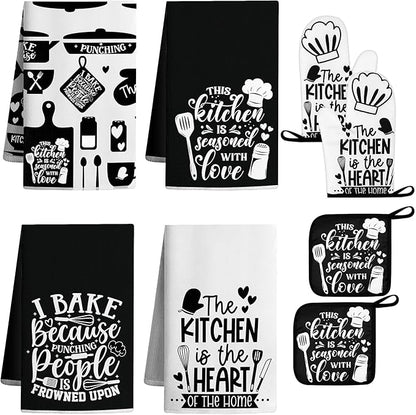 8 Pcs Farmhouse Kitchen Decor Accessories Set 4 Black White Kitchen Dish Towels 2 Oven Mitts 2 Pot Holders Kitchens Towels Pot Holders Oven Mitt Decor for Cooking Baking Housewarming Daughter Mom Gift