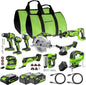 Greenworks 24V Brushless 10PC Power Tool Combo, Drill+Impact Driver+Circular Saw+Recip Saw+Jig Saw+Sander+Light+Multi-Tool+Nailer+Grinder (2) 4.0Ah+2.0Ah Batteries (24,000mAh Power Bank) USB-C Charger