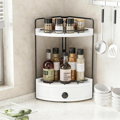2-Tier Corner Bathroom Countertop Organizer with Drawer, Wooden Vanity Organizers for Makeup and Skincare Storage, Corner Counter Shelf with Embedded Screw Holes, White