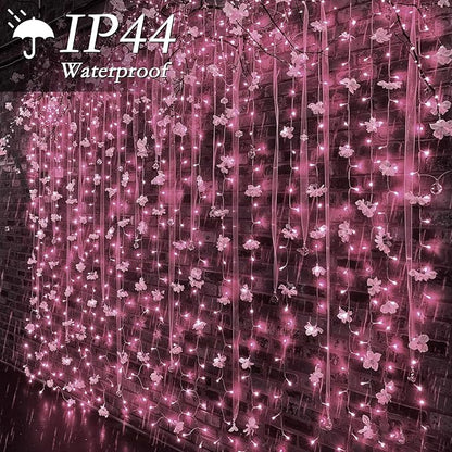 200 LED Pink Curtain String Lights 9.8x6.6FT, Plug in Fairy Lights, 9 Hooks, Dimmable Timer 8 Modes, IP44 Waterproof, Princess Girls Bedroom Wall Wedding Party Birthday Indoor Decor