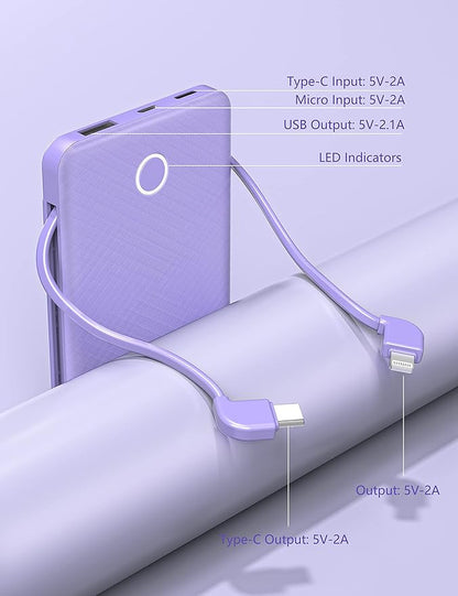 6000mah Ultra Slim Built in Cables Power Bank, Card Size Built in USB C Cords Battery Pack Portable Charger for Phones, 3 Output External Battery Pack Compatible with iPhone, 2-Pack White & Purple