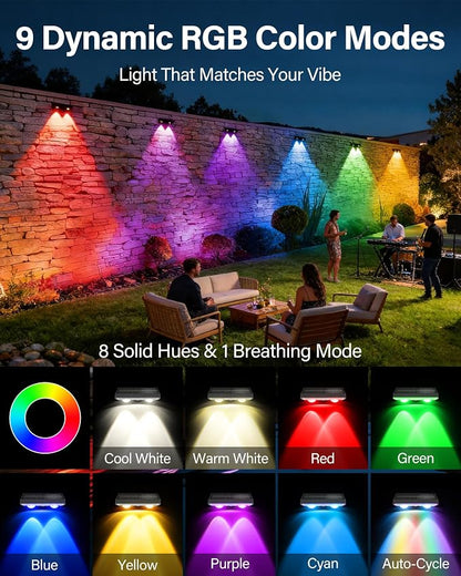 Solar Fence Lights Outdoor, 6 Pack Ultra-Bright 85LM Fence Lights Solar Powered, 9 RGB Color Modes, IP65 Waterproof, 12H Dusk to Dawn Glow for Pool/Deck/Patio/Wall/Backyard - Black