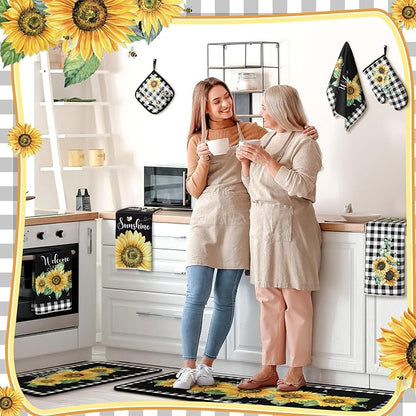 Fourluoo 10 Pcs Sunflower Kitchen Decor 4 White and Black Buffalo Plaid Kitchen Towels 2 Buffalo Check Pot Holders 2 Rustic Sunflower Oven Mitts 2 Yellow Rugs for Cooking Baking Mom Housewarming Gift