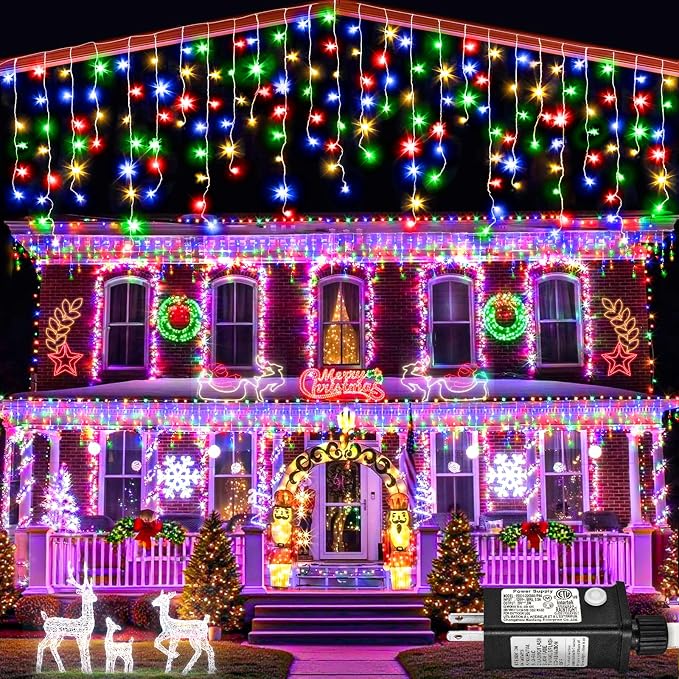 Icicle lights Outdoor - 33ft Christmas Lights with 400LED 75 Drops 8 Modes, Plug in Curtain String Lights Waterproof for Holiday Wedding Party Home Garden Bedroom Indoor Outdoor Decoration, Multicolor