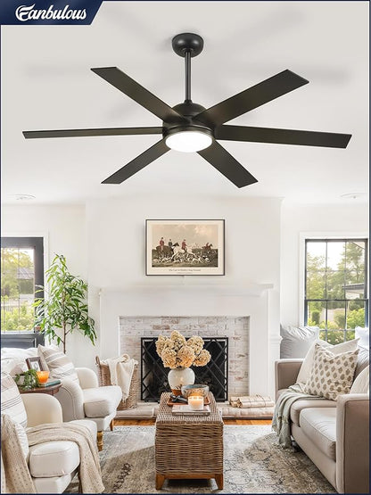 58 Inch Ceiling Fans with Lights and Remote, Black Indoor/Outdoor Ceiling Fan with Quiet Reversible DC Motor, 6 Speeds, 3CCT, 6 Blades Large Ceiling Fan for Living Room Bedroom Patio