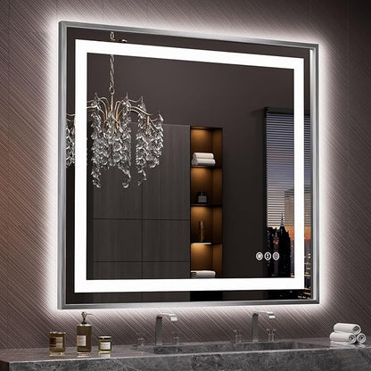 Amorho 40"X38" LED Bathroom Mirror, Brushed Nickel Framed Mirror with Front Light and Backlit, Stepless Dimmable, Anti-Fog, Shatter-Proof, Memory, 3 Colors