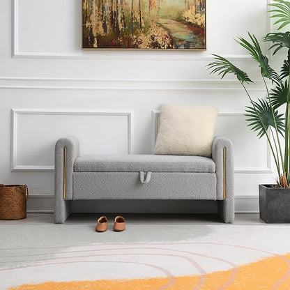 Modern 52" Storage Ottoman Bench, Upholstered End of Bed Storage Bench with Armrests, Entryway Bench, Teddy Foot Rest Stool for Living Room Hallway Bedroom (Grey)