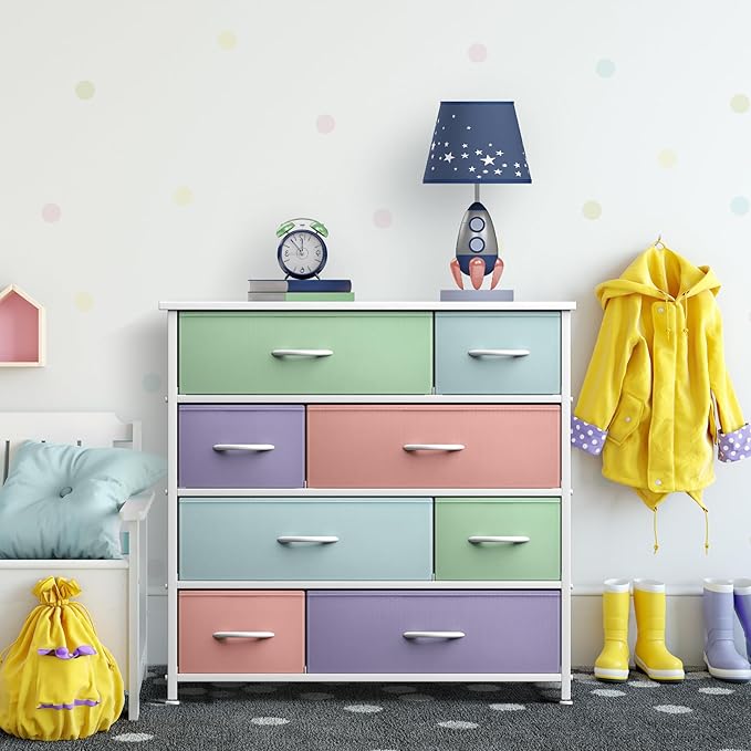 Sorbus Dresser with 8 Drawers - Furniture Storage Chest for Kid’s, Teens, Bedroom, Nursery, Playroom, Clothes, Toys - Steel Frame, Wood Top, Fabric Bins (Pastel)