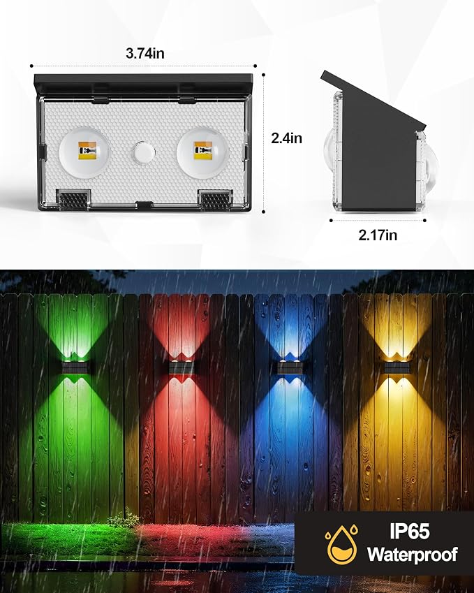 Bridika Solar Fence Lights Outdoor, 16 Pack Up and Down Wall Light, 8 Colors Lens LED Dusk to Dawn Solar Lights Outdoor Waterproof for Patio, Deck, Backyard, Garden Black