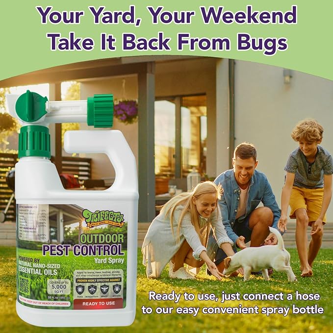 Trifecta Outdoor Pest Control | Natural mosquito repellent, tick, gnat, & mosquito backyard control | Pet & Kid Safe | Hose-End pest control spray for Lawns, Trees, Bushes, Patios & More (32oz 1-Pack)