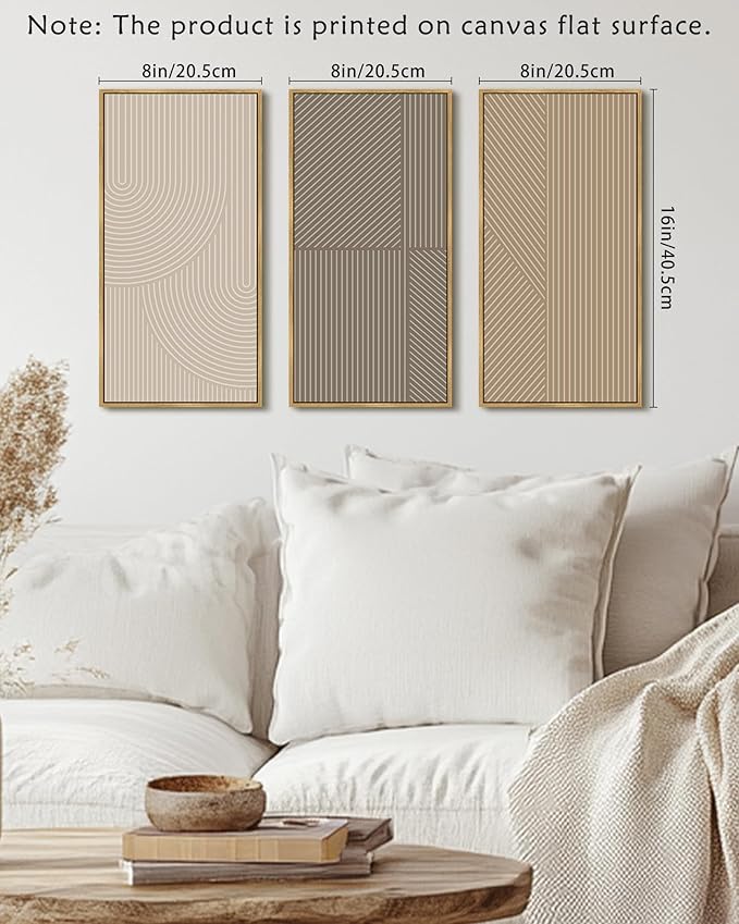 KUVIOKE Boho Minimalist Abstract Framed Wall Art Modern Line Wall Decor Geometric Artwork Kitchen Dining Room 8x16in3pcs Natural Framed