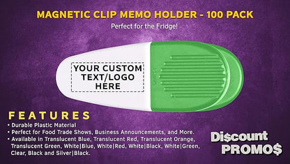 100 Magnetic Memo Holders Set - Customizable Text, Logo - Large Clip, Plastic - White Green