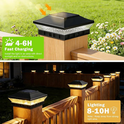 Solar Post Cap Lights Outdoor 12-Pack, Waterproof Solar Fence Post Lights Fit 3.5x3.5 4x4 Wood/Vinyl Posts, Solar Powered Deck Post Lights with 2 Modes(Warm/Cool White), Ideal for Garden Patio, Black