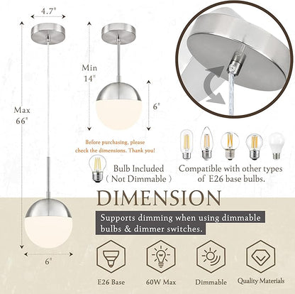 6 Inch Nickel 2 Pack Mid Century Modern Pendant Light Pendants for Kitchen Island Frosted Milky White Glass Globe Height-Adjustable Modern Hanging Globe Pendant Light for Bedroom (Bulb Incl)
