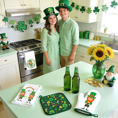 8 PCS St Green Kitchen Decor Sets Irish Leprechaun Shamrock Clover 4 Kitchen Dish Towels 2 Pot Holders 2 Oven Mitt Green Decoration Accessories for Cooking Baking Home Camp Spring