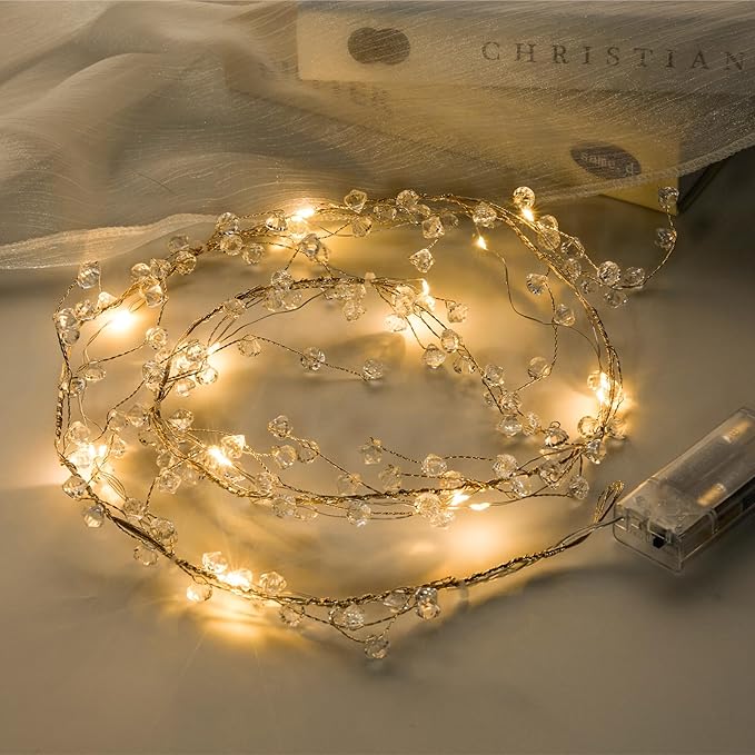 Diamond Beads String Strand with Fairy Lights Battery Operated - Clear Acrylic Crystal Bead Garland Short String Lights 3.94 Ft for Wedding Centerpiece Christmas Tree Party Decorations, 2 Pack