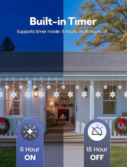 Christmas Snowflake Icicle Lights,8.2 FT 144 LED Snowflake Lights Outdoor with Timer,8 Modes Waterproof Connectable Christmas Light Plug in for Curtain Eave Window Indoor Outdoor Decor(White)