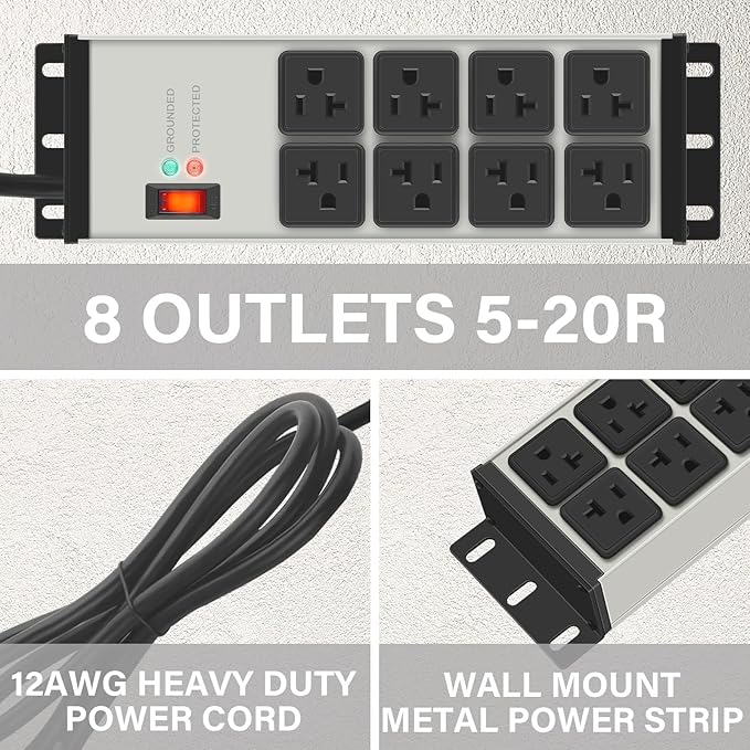 CCCEI Grey Heavy Duty Power Strip Surge Protector 20 AMP, 8 Outlets 12 Gauge Industrial Shop Garage Metal Multiple Outlets, 12 FT Extension Cord 5-15P Adapter High Amp 6-20R T-Slot 20a for Appliance