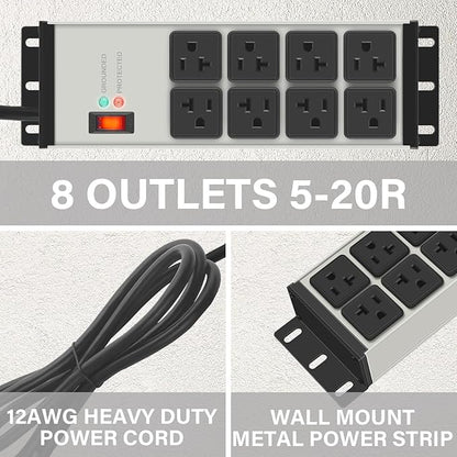 CCCEI Grey Heavy Duty Power Strip Surge Protector 20 AMP, 8 Outlets 12 Gauge Industrial Shop Garage Metal Multiple Outlets, 12 FT Extension Cord 5-15P Adapter High Amp 6-20R T-Slot 20a for Appliance