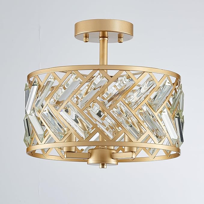 Shrine Lighting Crystal Ceiling Light, Gold Crystal Chandelier for Living Room, D12.4'' x H11.2'', E12*3 Sockets, Ctystal Lampshade & Gold Finish Frame