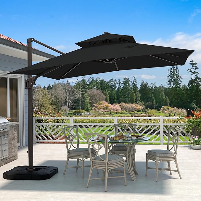 10' X 10' Cantilever Patio Umbrella Outdoor with Base Included Heavy Duty Double Top Windproof Square Offset Umbrellas with 360-degree Rotation for Pool Deck Backyard, Black
