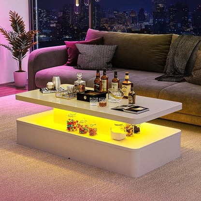 oneinmil Modern LED Coffee Table, 47" Living Room Tables with Double-Layer Design, 16 Colors LED Lights, Stylish Coffee Tables for Living Room, Home, Office, White