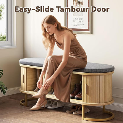 47.2'' Entryway Storage Bench Seat with Sliding Door, Large Shoe Bench with Sturdy Metal Feet & Soft Cushion, Multi-Scene Use for Entrance, Bedroom & Living Room（Oak）