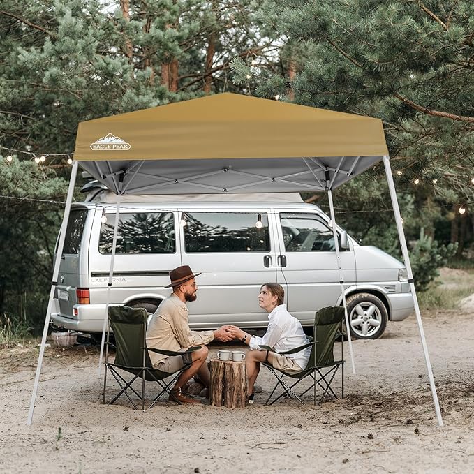 EAGLE PEAK 8x8 Slant Leg Pop-up Canopy Tent Easy One Person Setup Instant Outdoor Beach Canopy Folding Portable Sports Shelter 8x8 Base 6x6 Top (Beige)