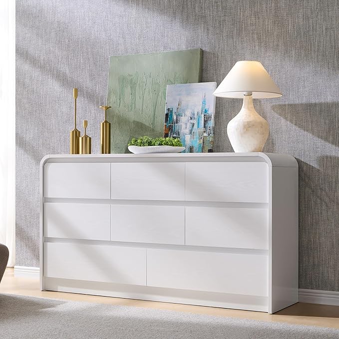 Modern 8 Drawers Dresser for Bedroom, 55" Wide Dressers & Chest of Drawers w/Curved Profile Design, Wood Mid Century Storage Dressers Organizer for Bedroom, Living Room, White