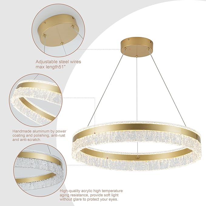 MADEM Modern Gold Led Pendant Light,36W Dimmable LED Chandelier Lighting Fixture, 1 Ring Circular Hanging Led Pendant Lighting for Living Room Dining Room Kitchen Island Foyer Office