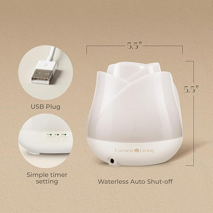 Earnest Living Rose Essential Oil Diffuser 150ml – Mini Ultrasonic Aromatherapy Humidifier for Bedroom & Desk, Quiet Mist, USB Powered, 7-Color Night Light, Valentine's Gift for Women – Solid White