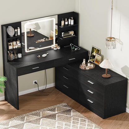 Quimoo Vanity Desk with LED Lighted Mirror & Power Outlet, Modern Corner Makeup Vanity Table with 8 Drawers & Open Shelves, Dressing Table for Bedroom, Makeup Room, Black
