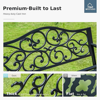MFSTUDIO 50 Inches Outdoor Garden Bench, Cast Iron Metal Frame Patio Park Bench with Floral Pattern Backrest, Arch Legs for Porch Lawn Garden Yard(Black)