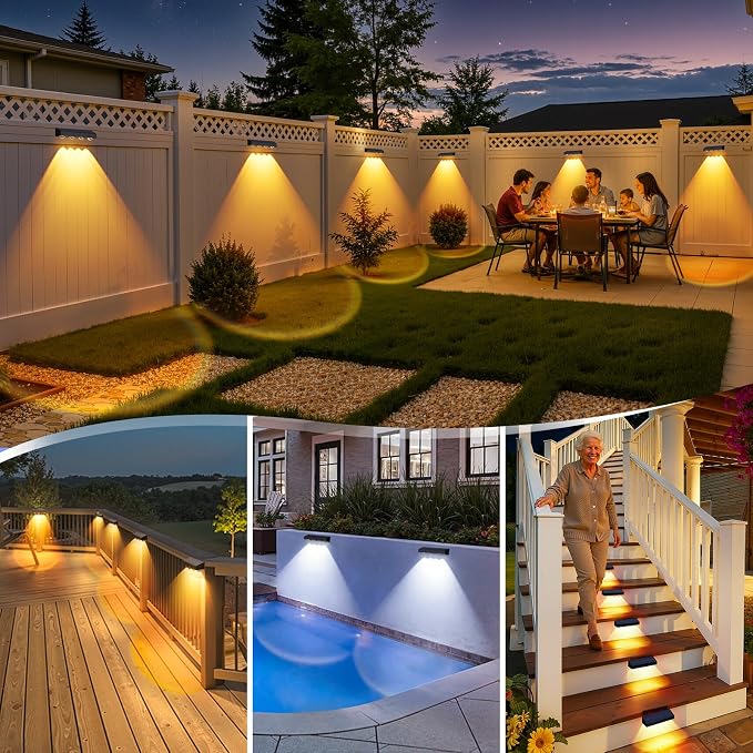 ShineTech Solar Fence Lights Outdoor Waterproof, 3-Color Lighting Modes LED Solar Powered Deck Lights, Outdoor Step Lights for Railing, Patio, Wall, Backyard (4 Packs)