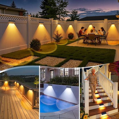 ShineTech Solar Fence Lights Outdoor Waterproof, 3-Color Lighting Modes LED Solar Powered Deck Lights, Outdoor Step Lights for Railing, Patio, Wall, Backyard (4 Packs)