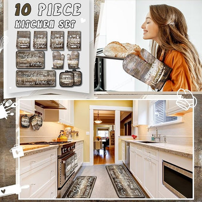 Fourluoo 10 Pcs Farmhouse Kitchen Decor and Accessories Set 4 Kitchen Towels 2 Pot Holders 2 Oven Mitts 2 Rugs for Cooking Baking Mom Housewarming Gifts(Brown Gray,Classic Style)
