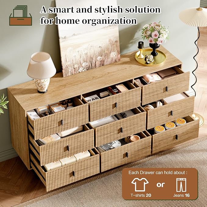 Modern Chest of Drawers with 9 Drawers,Deep Drawers,Clothes Organizer,Large Storage Cabinet for Living Room, Bedroom,Hallway,with Anti-Tipping Device, Oak
